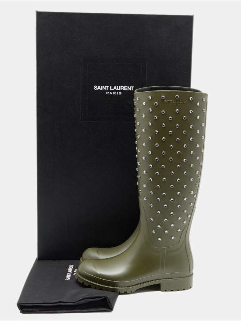 Saint Laurent Olive Green Studded Tall Rain Boots
